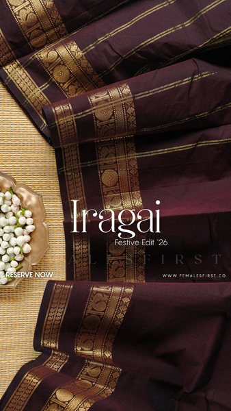 IRAGAI : Kanchi Cotton Sari in Dark Coffee Brown & Gold