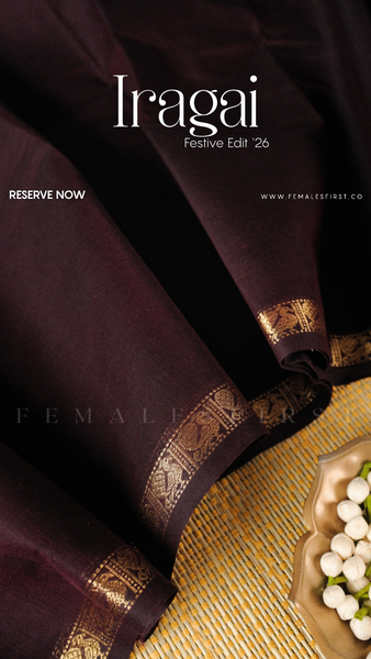 IRAGAI - Large border South Cotton Temple Sari in Burgundy Brown & Gold