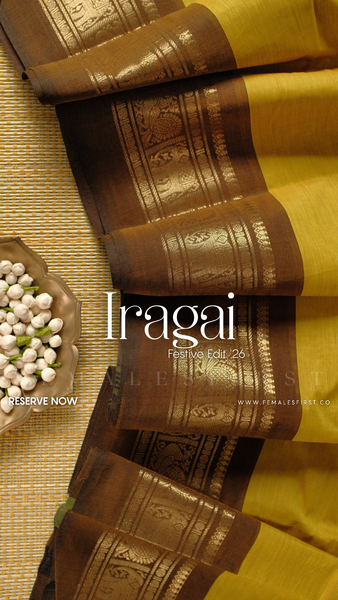 IRAGAI : Kanchi Cotton Sari in Chartreuse Yellow & Brown