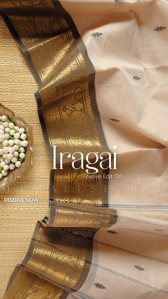 IRAGAI : Kanchi Cotton Sari in Khadi Cream & Grey