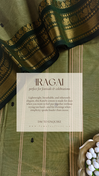 IRAGAI : Kanchi Cotton Sari in Pista & Dark Green