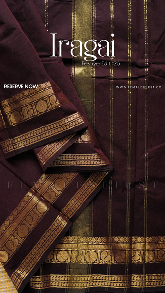 IRAGAI : Kanchi Cotton Sari in Dark Coffee Brown & Gold