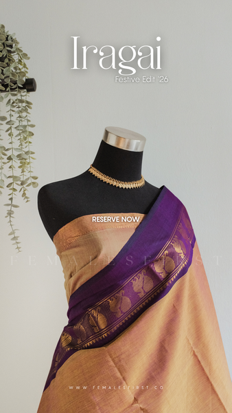 IRAGAI : Kanchi Cotton Sari in Dual tone Peach Yellow & Dark Purple