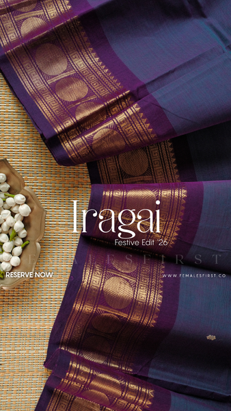 IRAGAI : Kanchi Cotton Sari in Dual tone Purple & Blue