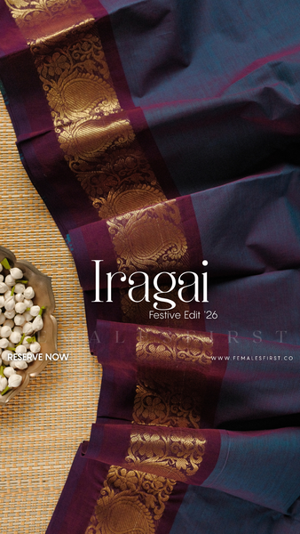 IRAGAI : Kanchi Cotton Sari in Dual tone Blue & Wine Purple