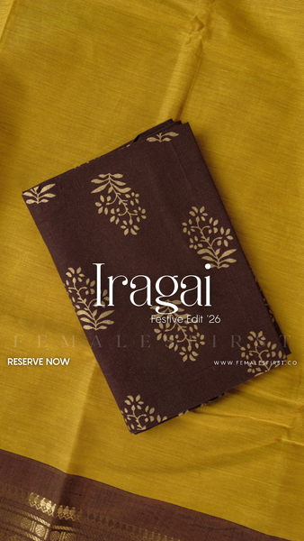 IRAGAI : Kanchi Cotton Sari in Chartreuse Yellow & Brown