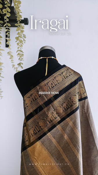IRAGAI : Kanchi Cotton Sari in Dark Grey & Black