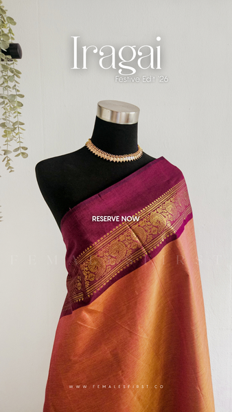 IRAGAI : Kanchi Cotton Sari in Dual tone Salmon Pink-Yellow Dual Tone & Warm Deep Pink