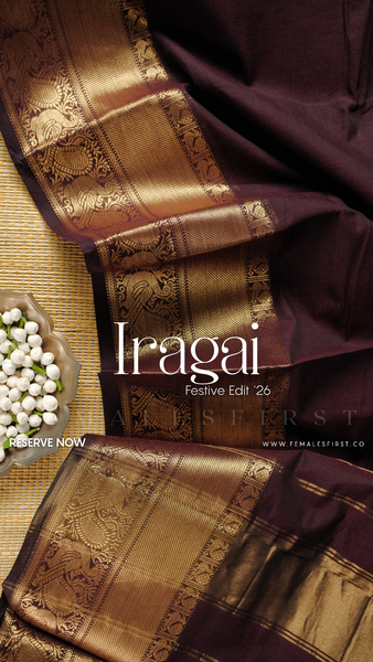 IRAGAI - Large border South Cotton Temple Sari in Burgundy Brown & Gold