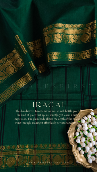 IRAGAI : Kanchi Cotton Sari in Bottle Green & Gold