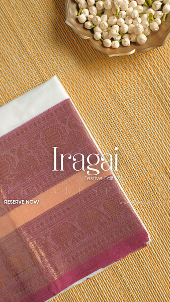 IRAGAI : Kanchi Cotton Sari in White & Pastel Pink