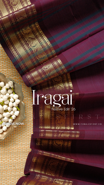 I R A G A I : Chettinad Cotton Sari in Plum Purple Blue Dual tone
