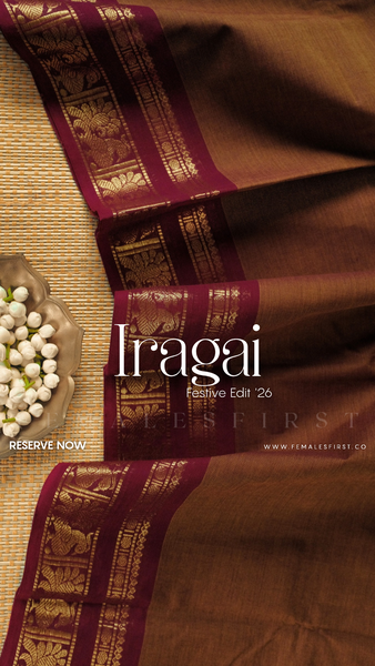 IRAGAI : Kanchi Cotton Sari in Dark Mustard & Maroon