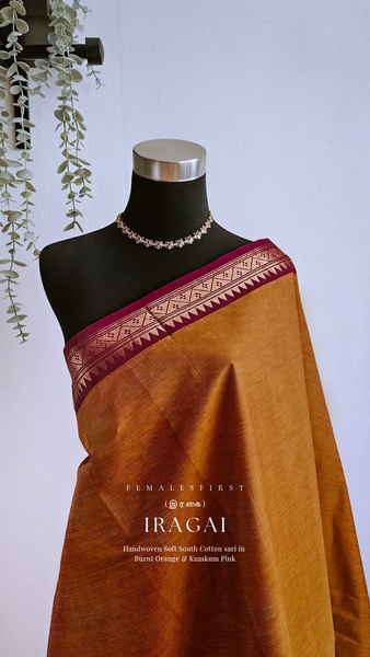 IRAGAI - Mustard & Kumkum Pink Chettinad Cotton Sari (I)