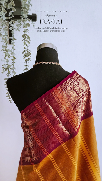 IRAGAI - Mustard & Kumkum Pink Chettinad Cotton Sari (I)