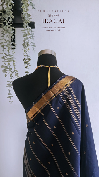 IRAGAI - South Cotton Temple Sari in Navy Blue & Gold