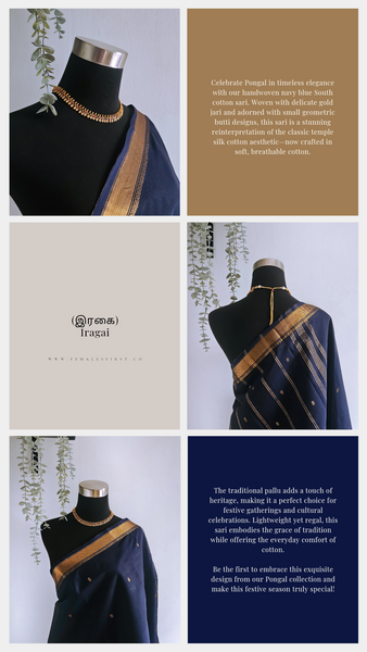 IRAGAI - South Cotton Temple Sari in Navy Blue & Gold