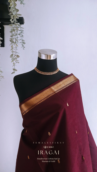 IRAGAI - South Cotton Temple Sari in Maroon & Gold