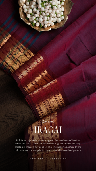 I R A G A I : Chettinad Cotton Sari in Plum Purple Blue Dual tone