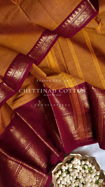 IRAGAI - Mustard & Kumkum Pink Chettinad Cotton Sari (I)