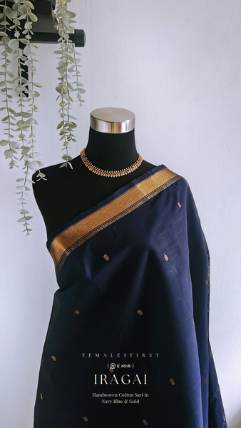 IRAGAI - South Cotton Temple Sari in Navy Blue & Gold