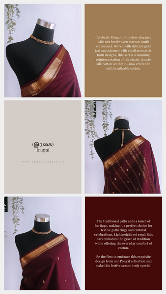 IRAGAI - South Cotton Temple Sari in Maroon & Gold