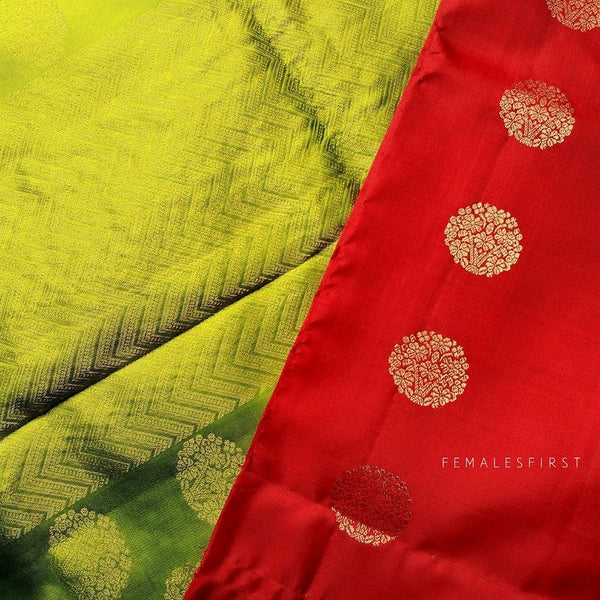 Cherry Red & Green Soft Silk Sari
