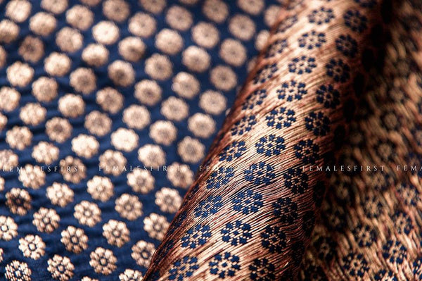 Navy Blue & Copper Gold Brocade Fabric