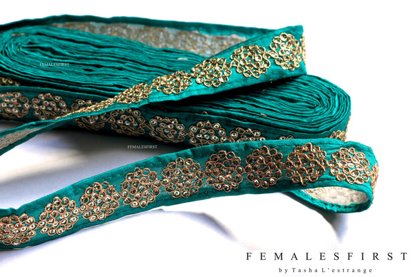 Turquoise Blue & Gold Sequined Border