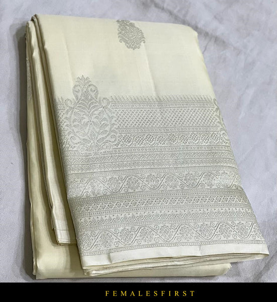 Off-White & Silver Kanjivaram Silk Sari