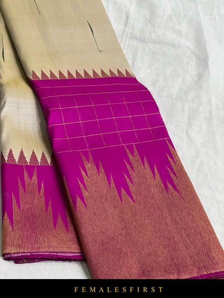 Beige Grey & Pink Kanjivaram Silk Sari