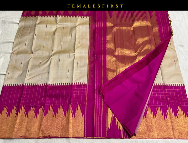 Beige Grey & Pink Kanjivaram Silk Sari