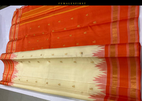 Off-White & Orange Kanjivaram Silk Sari